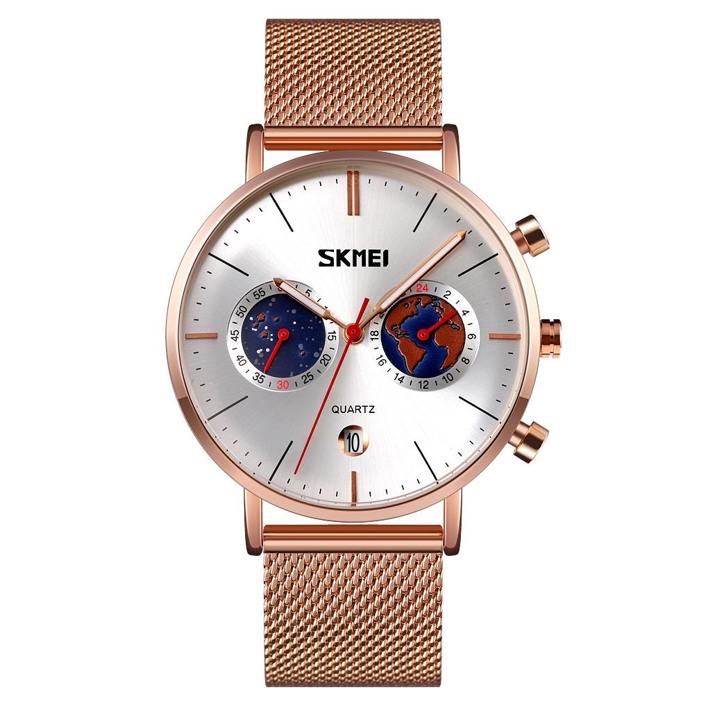 Men Stainless Steel Quartz Watch with Map Pattern Calendar - 9231 - Silver