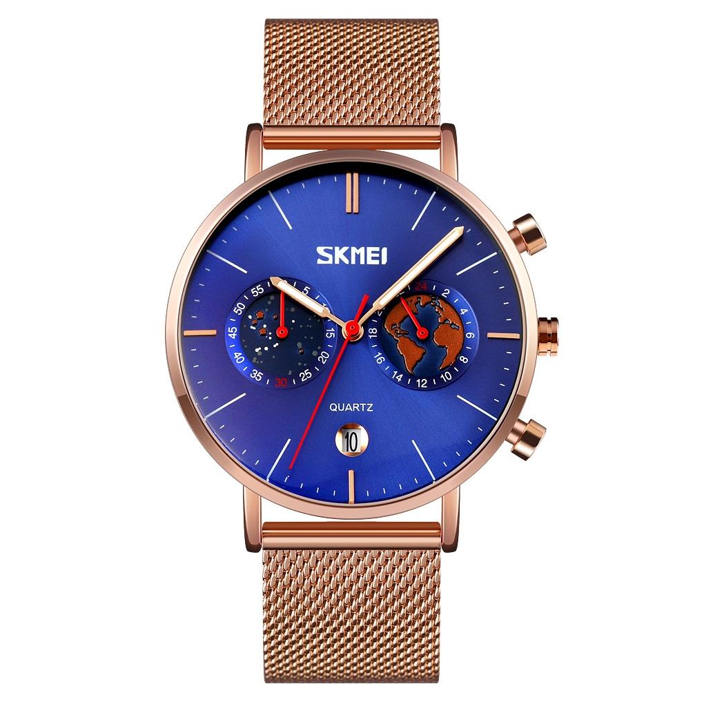 Men Stainless Steel Quartz Watch with Map Pattern Calendar - 9231 - Silver