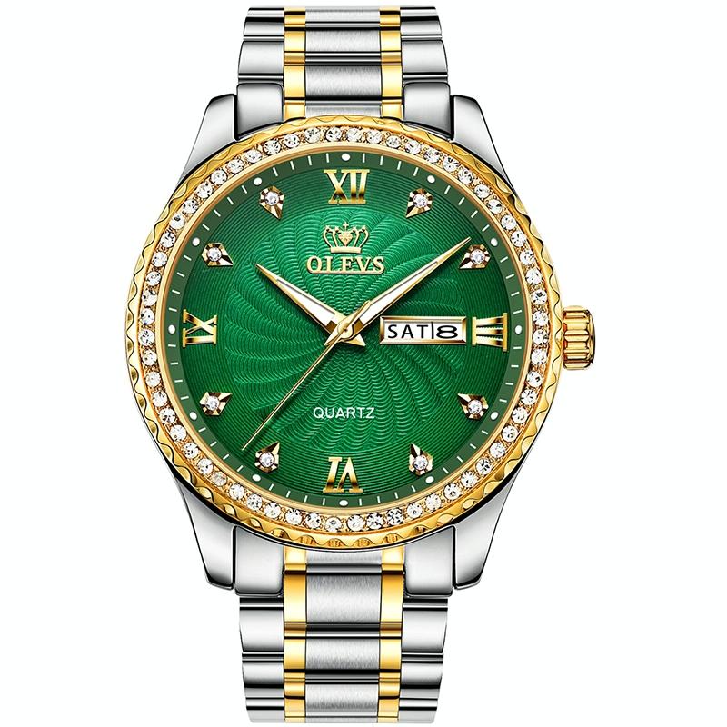 Waterproof Diamond Quartz Watch for Men with Stainless Steel Strap - Gold