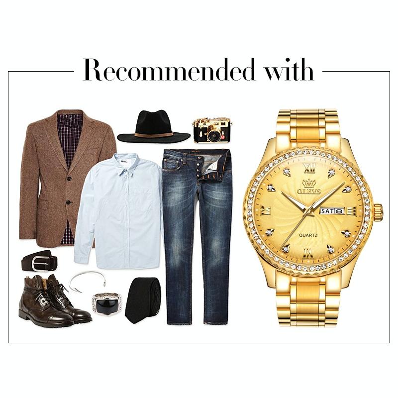 Waterproof Diamond Quartz Watch for Men with Stainless Steel Strap - Gold 5