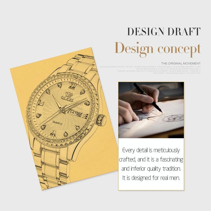 Waterproof Diamond Quartz Watch for Men with Stainless Steel Strap - Gold 6