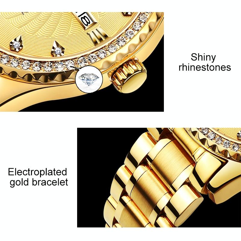 Waterproof Diamond Quartz Watch for Men with Stainless Steel Strap - Gold 13