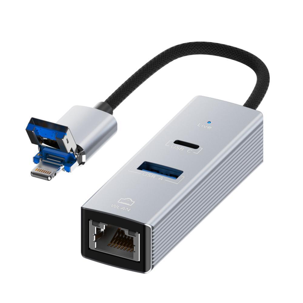 8 Pin To Type-C Rj45 Usb-A Hub Converter - Black 8