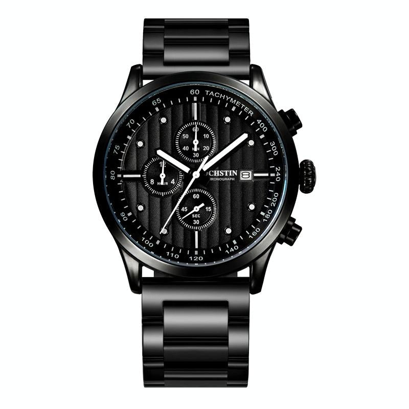 Stylish Multifunctional Men Quartz Watch with Steel Strap - Black White