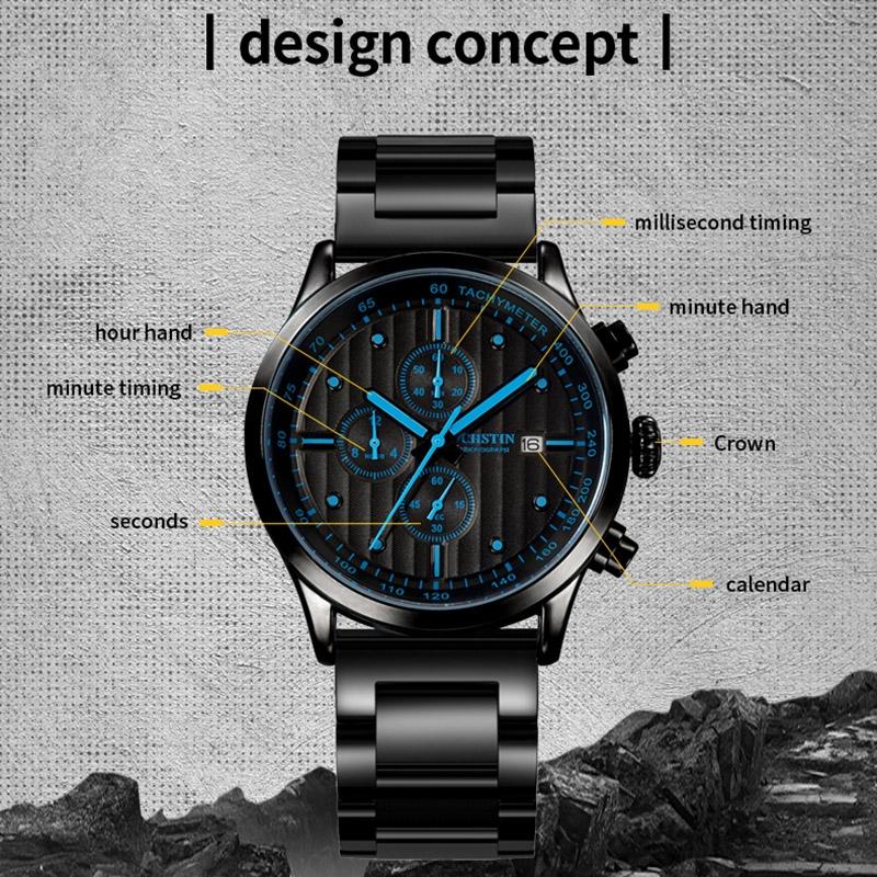 Stylish Multifunctional Men Quartz Watch with Steel Strap - Black White 4