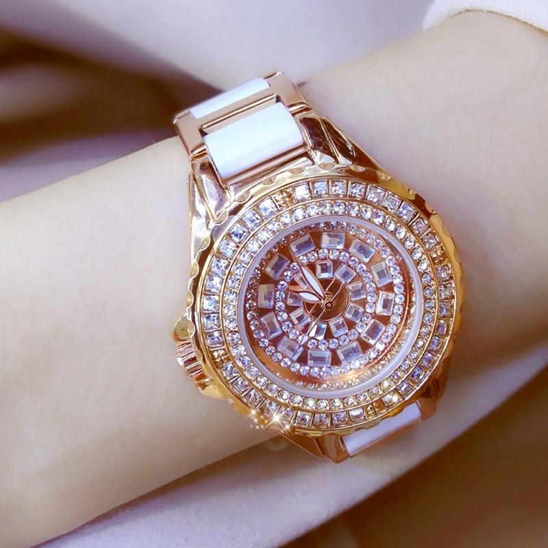 Rose Gold Ceramic Watch with Diamond Strap for Women 3