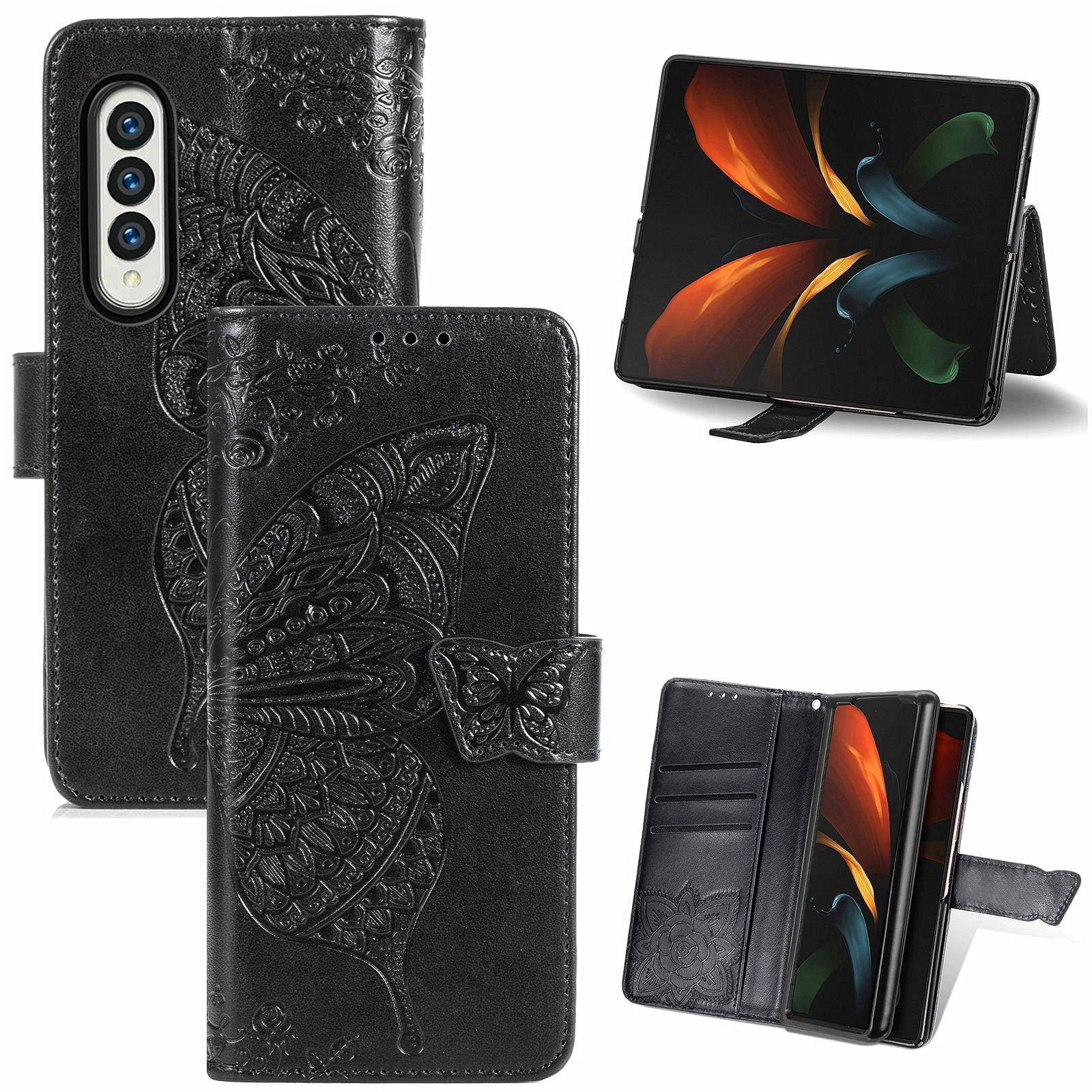 For Samsung Galaxy Z Fold4 5G Embossed Butterfly Love Leather Case - Flower Design - Black
