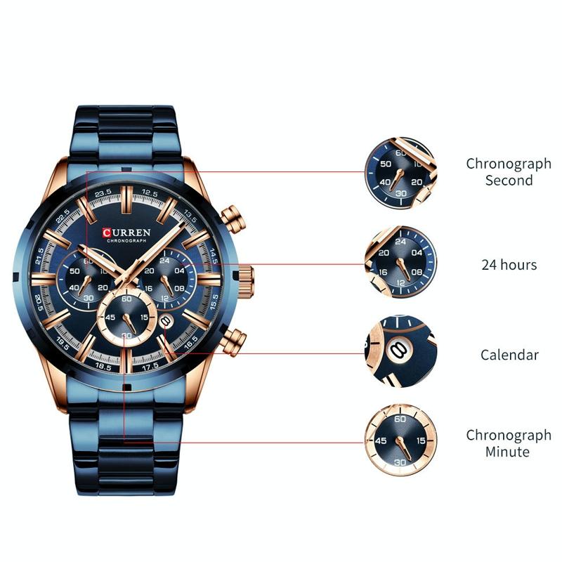 Waterproof Men Business Watch with Quartz Movement and Steel Belt - Rose Shell Blue 5