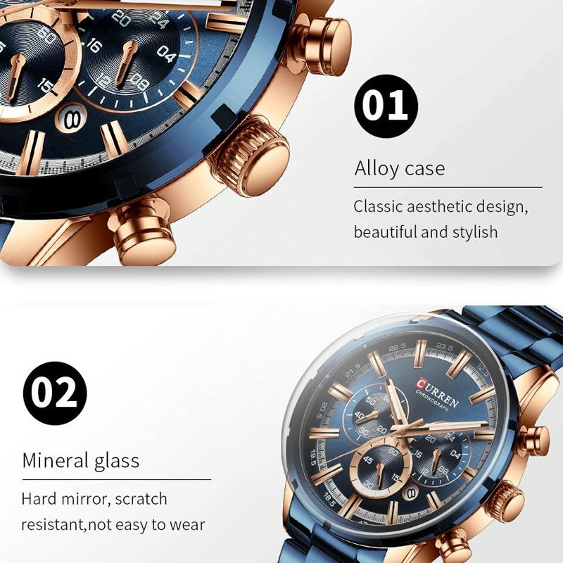 Waterproof Men Business Watch with Quartz Movement and Steel Belt - Rose Shell Blue 7
