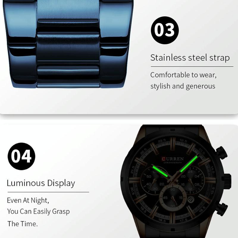 Waterproof Men Business Watch with Quartz Movement and Steel Belt - Rose Shell Blue 8