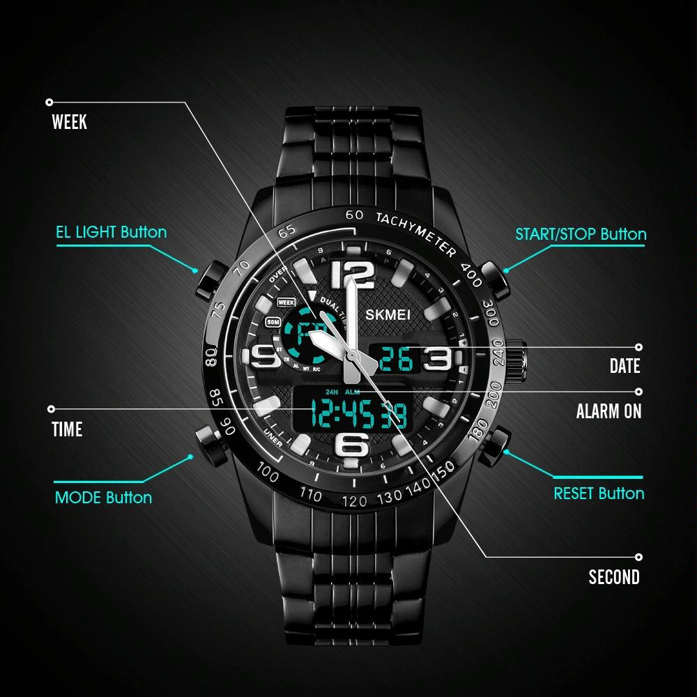 Waterproof Dual Movement Men Watch with Steel Strap - Black 3