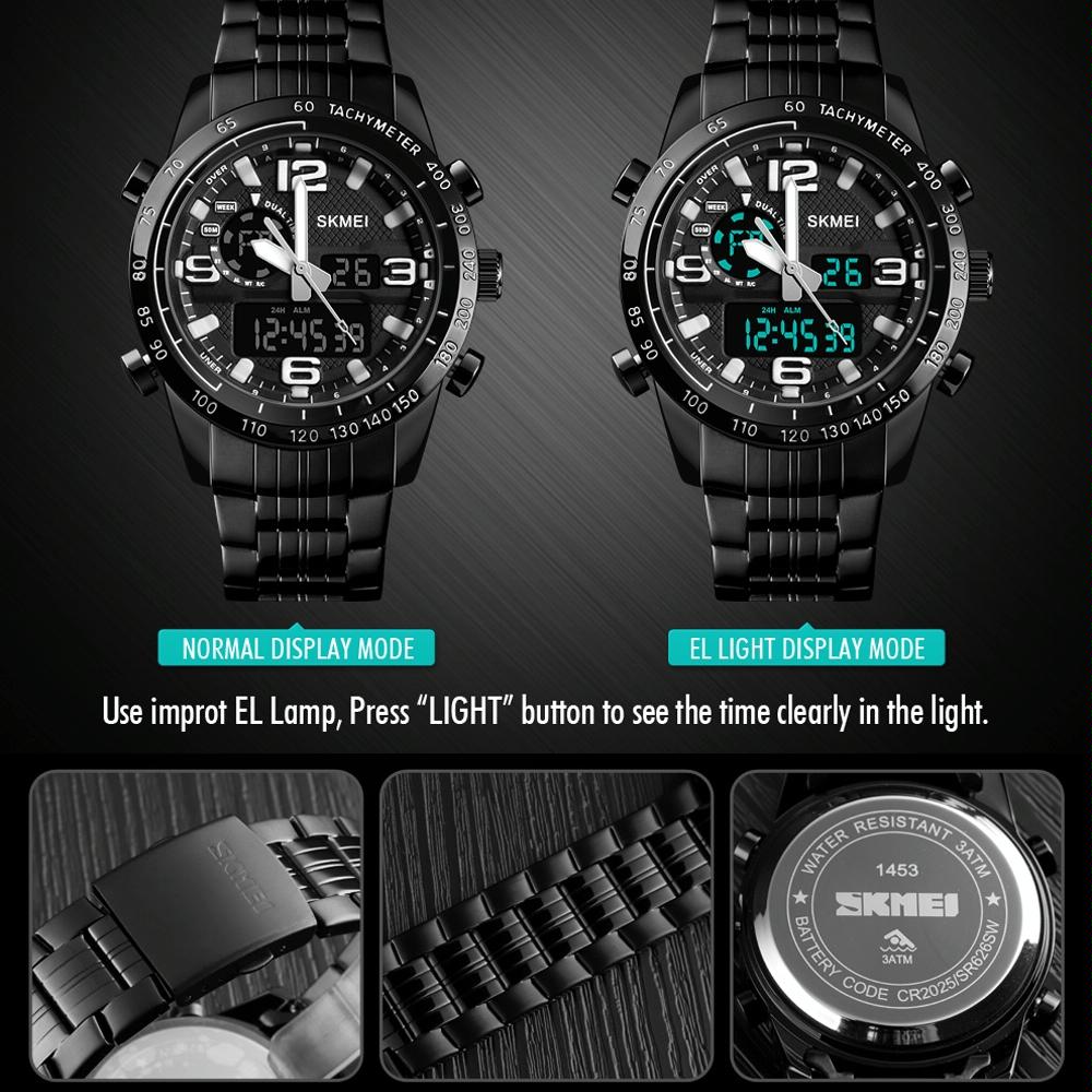 Waterproof Dual Movement Men Watch with Steel Strap - Black 4