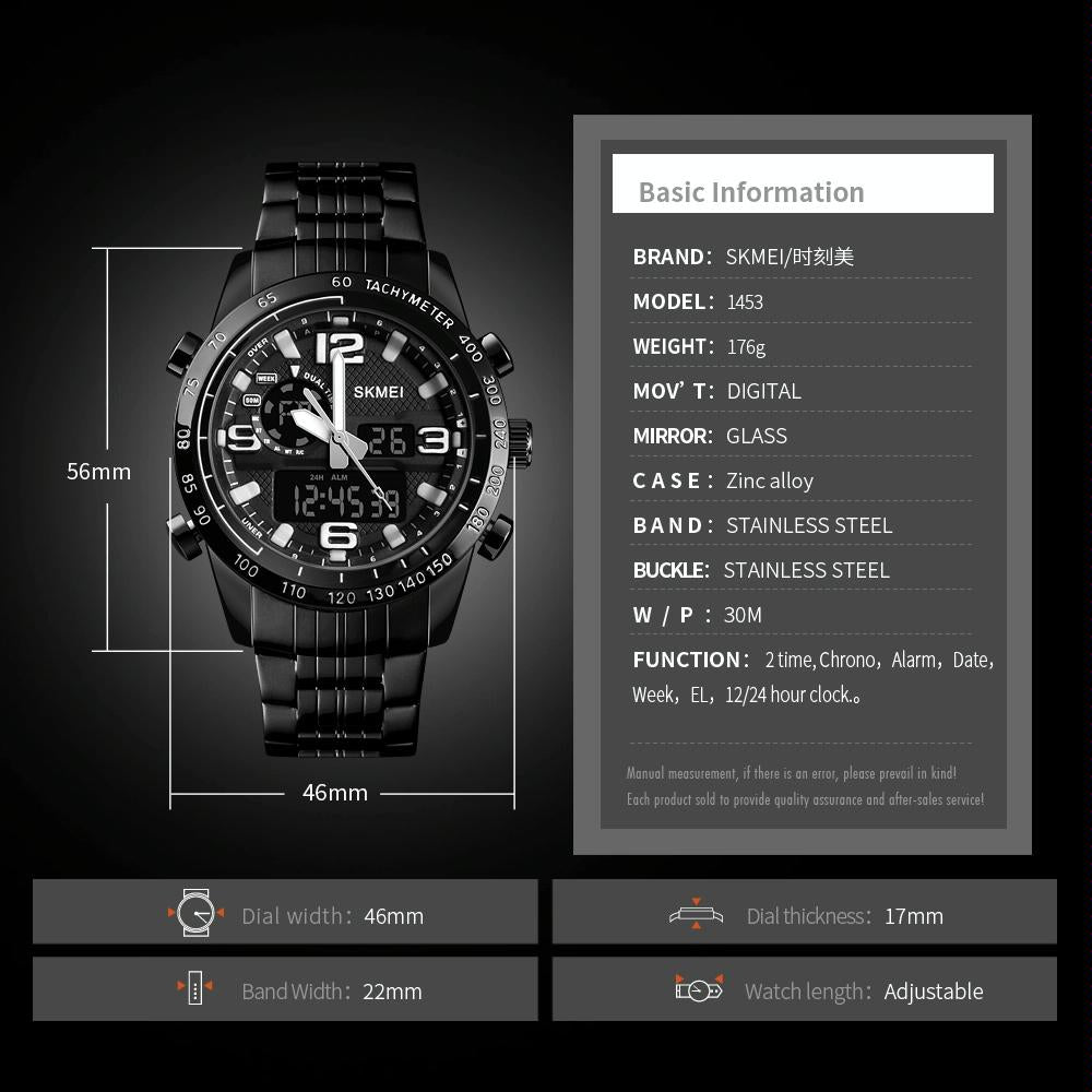 Waterproof Dual Movement Men Watch with Steel Strap - Black 7