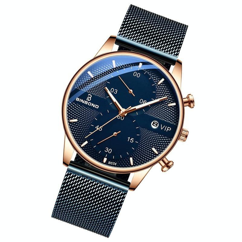 Men Multifunctional Luminous Quartz Watch - Business Style - Black Mash Black Shell Black Surface 3