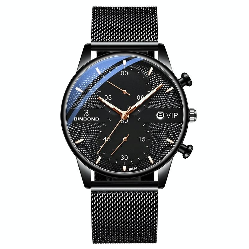 Men Multifunctional Luminous Quartz Watch - Business Style - Black Mash Black Shell Black Surface 11