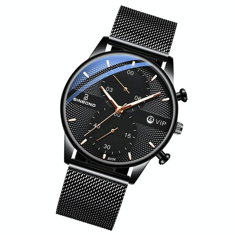 Men Multifunctional Luminous Quartz Watch - Business Style - Black Mash Black Shell Black Surface 12