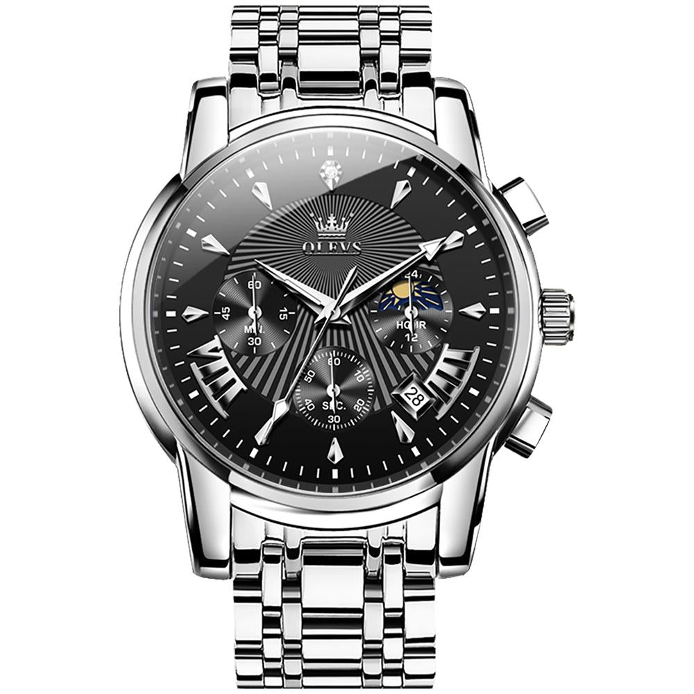 Waterproof Men Quartz Watch - Multifunctional Business Design - White + Silver