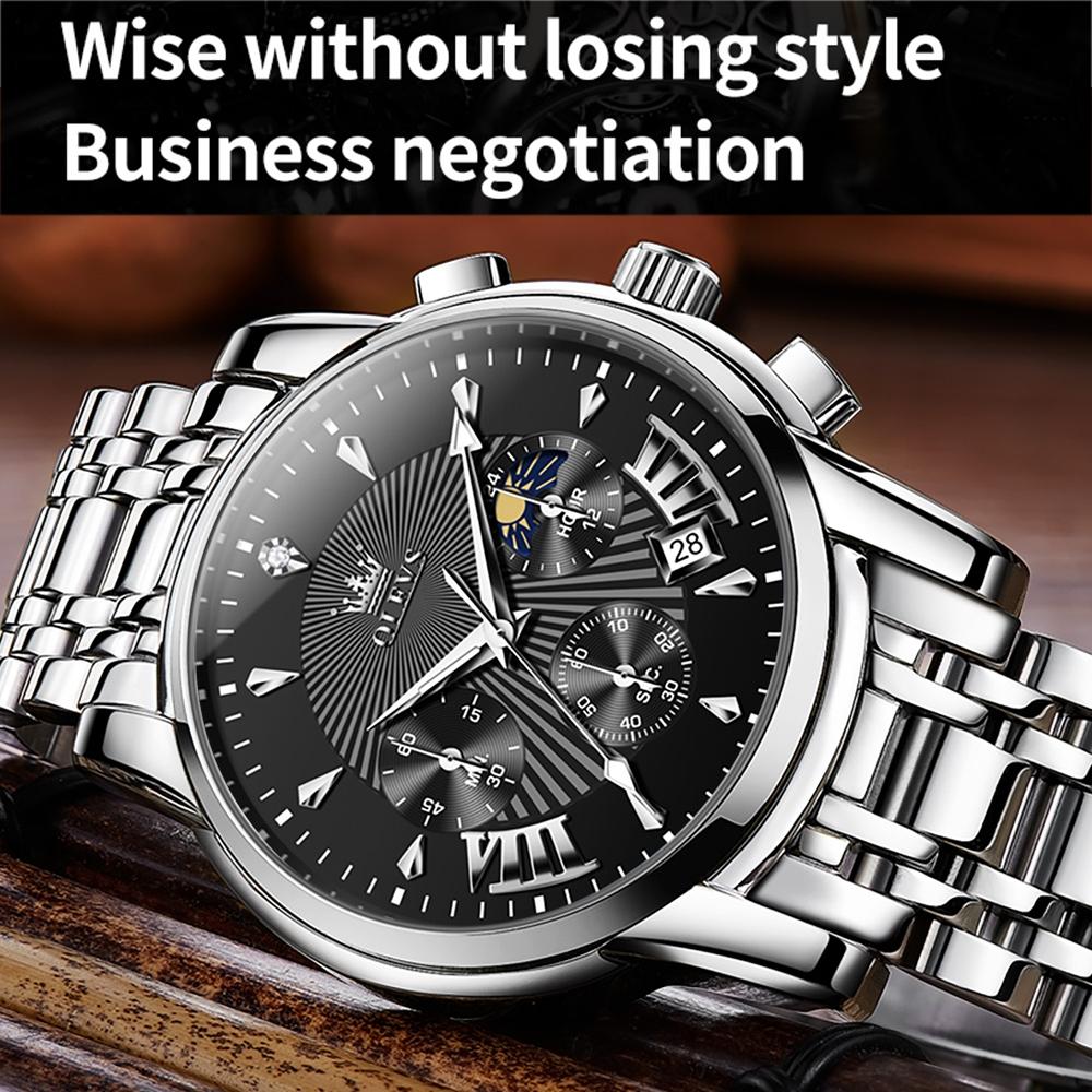 Waterproof Men Quartz Watch - Multifunctional Business Design - White + Silver 8