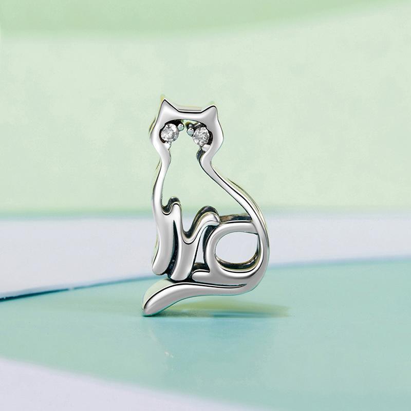 925 Sterling Silver Hollow Cat Beads Cute Animal Accessory 3