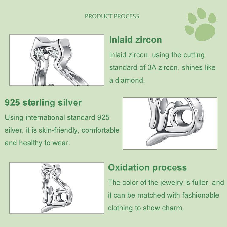 925 Sterling Silver Hollow Cat Beads Cute Animal Accessory 7