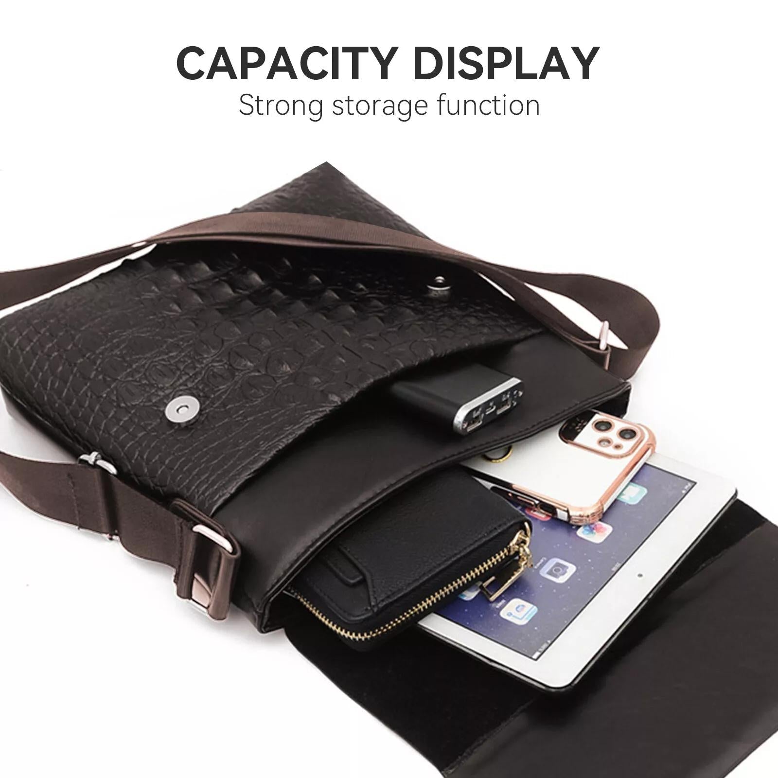 Water Repellent Vertical Leather Shoulder Bag For Men - Black 5