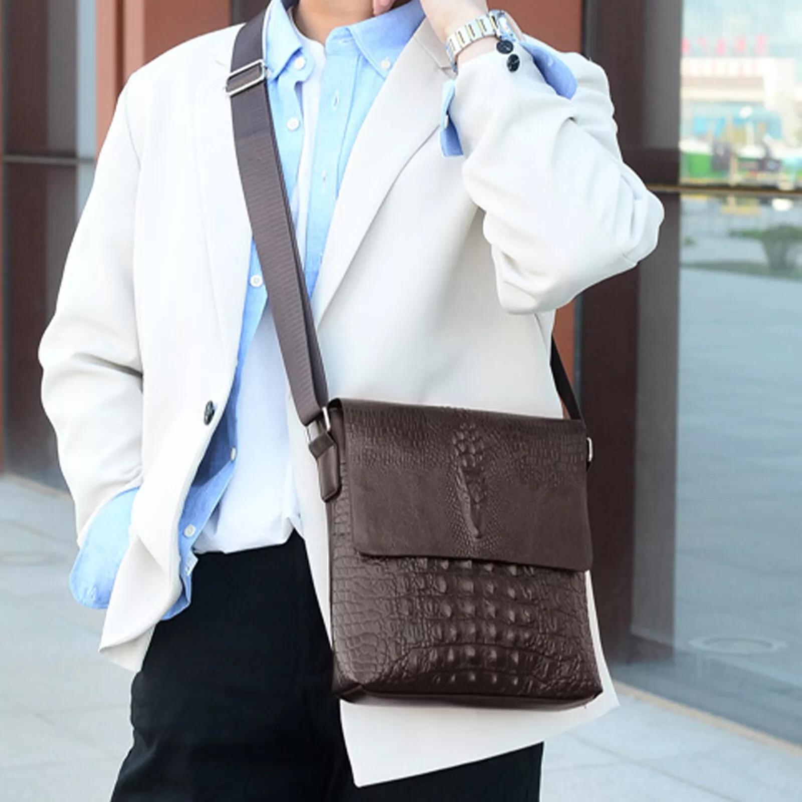 Water Repellent Vertical Leather Shoulder Bag For Men - Black 8