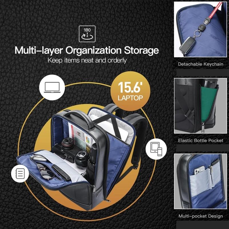 Large-capacity Business Laptop Backpack with Usb & Type-c Port - Black First-layer Cowhide 6