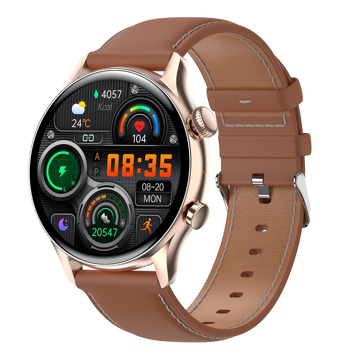 1.36 Inch Amoled Screen Leather Strap Smart Watch Support Nfc Function / Blood Oxygen Monitoring - Gold 12
