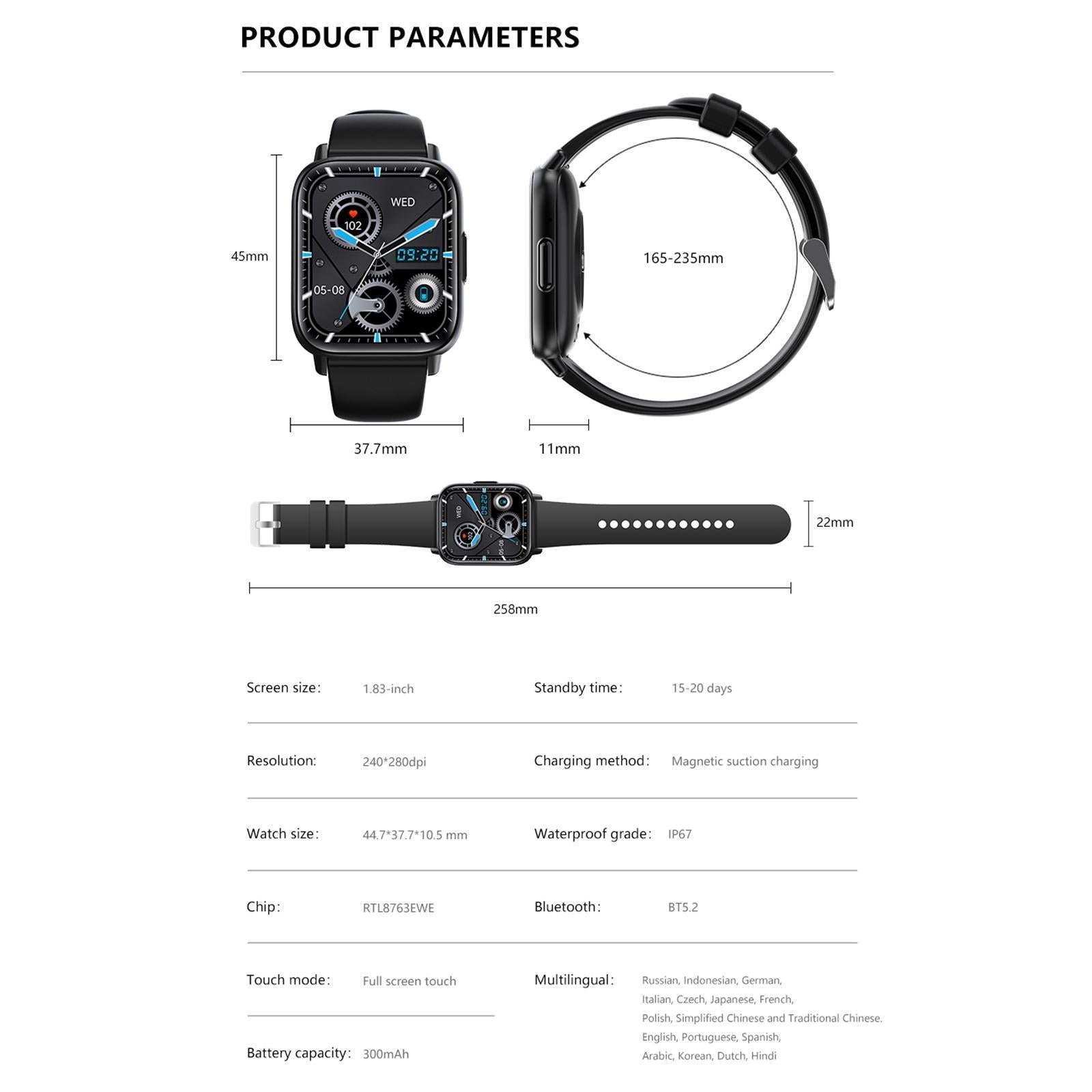 1.83 Inch Bt5.2 Smart Sport Watch Support Bluetooth Call / Sleep / Blood Sugar / Blood Oxygen / Temperature / Heart Rate / Blood Pressure Health Monitor - Black 3
