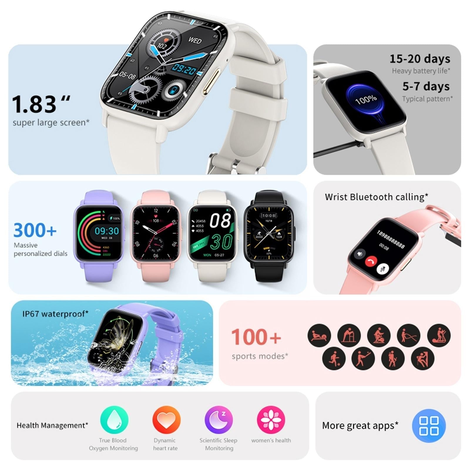 1.83 Inch Bt5.2 Smart Sport Watch Support Bluetooth Call / Sleep / Blood Sugar / Blood Oxygen / Temperature / Heart Rate / Blood Pressure Health Monitor - Black 10