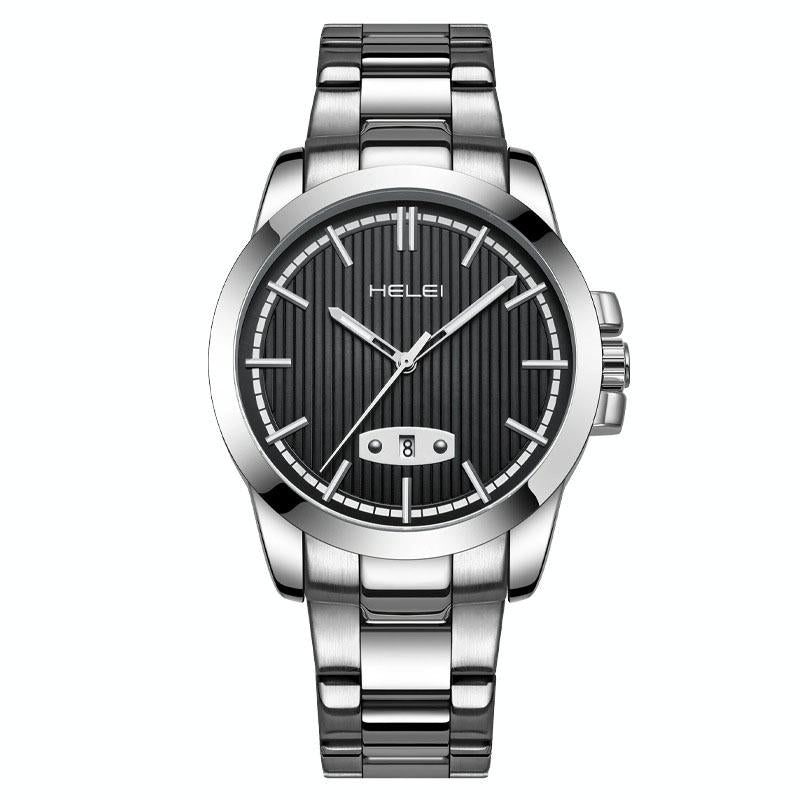 Waterproof Men Quartz Watch with Stainless Steel Band and Automatic Display - Black