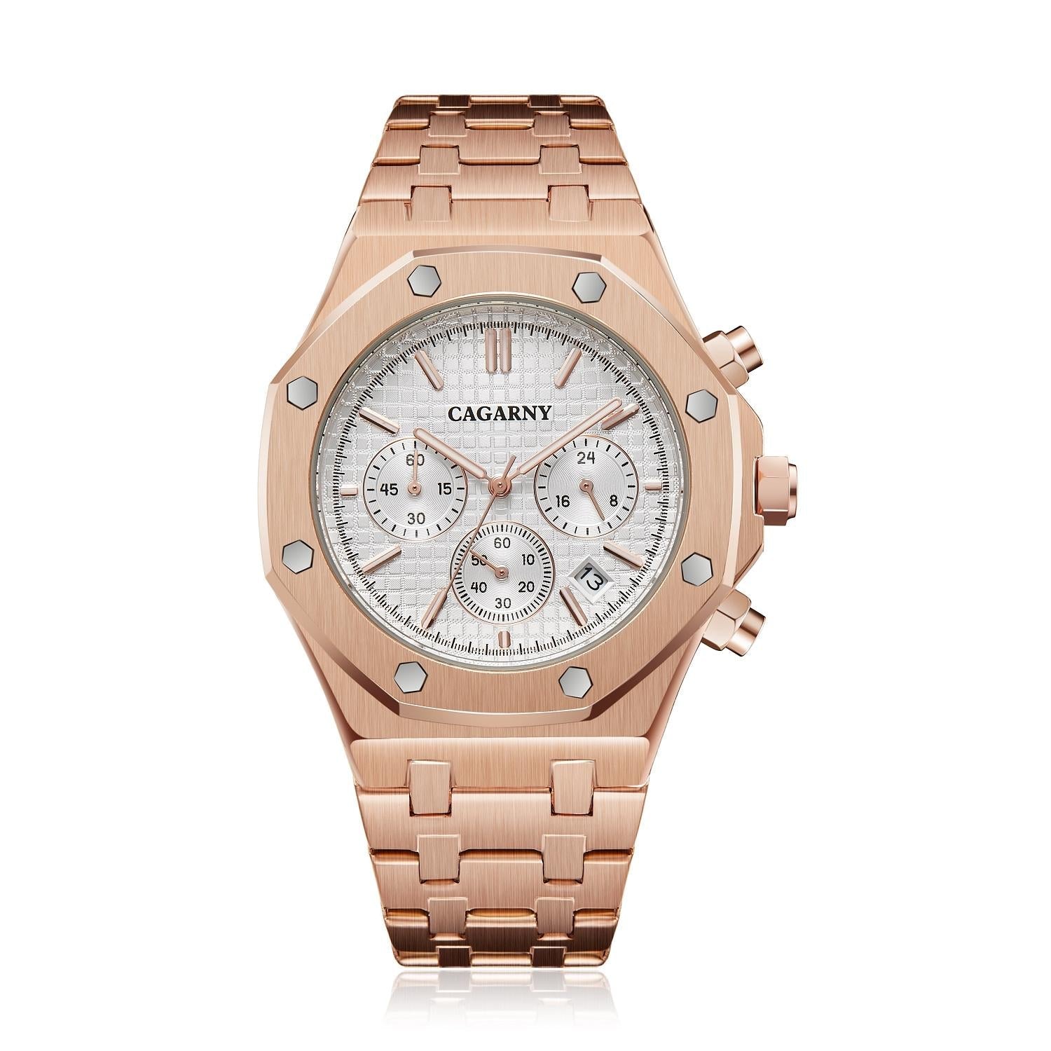 Men Simple Steel Quartz Watch with Band - 6835 - Rose Gold + White