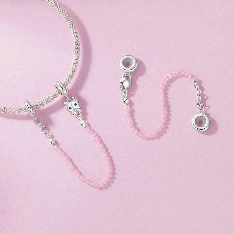 925 Sterling Silver Platinum Plated Cat Safety Chain Pendant 6
