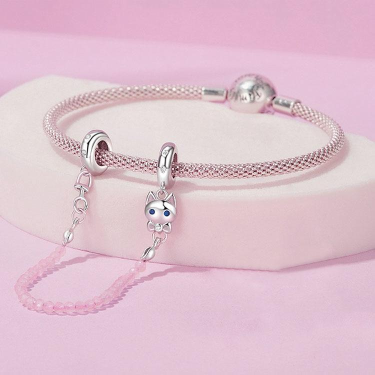 925 Sterling Silver Platinum Plated Cat Safety Chain Pendant 7