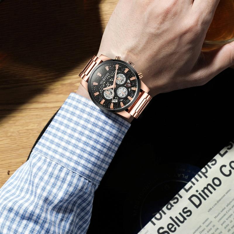 Waterproof Multifunctional Men Watch with Quartz Movement and Steel Strap - Rose Gold + Black 6