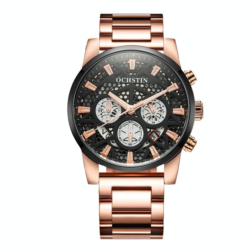 Waterproof Multifunctional Men Watch with Quartz Movement and Steel Strap - Rose Gold + Black 10