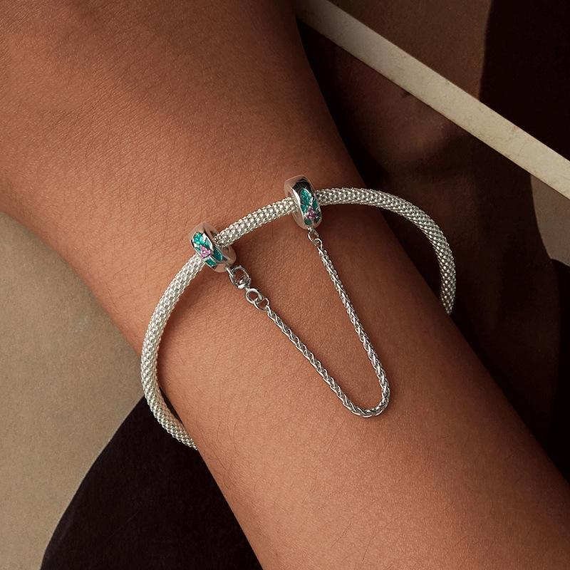 925 Sterling Silver Platinum Plated Leaf Safety Chain Bracelet 7