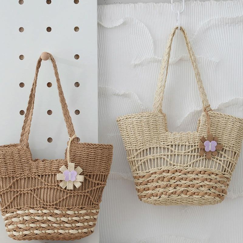 Large Capacity Straw Tote Bag with Hollow Wave Design and Lining - Light Brown 3