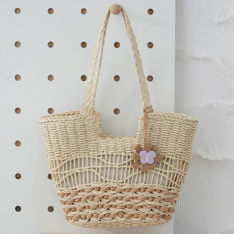Large Capacity Straw Tote Bag with Hollow Wave Design and Lining - Light Brown 11