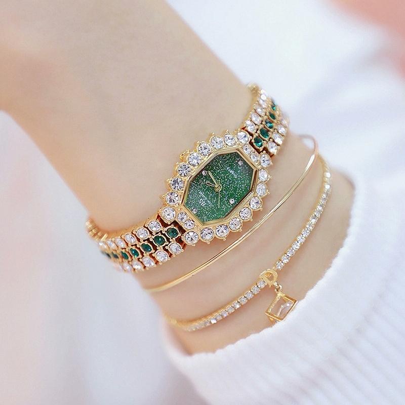 Women Diamond Plated Octagonal Quartz Watch with Rhinestone Bracelet - Silver Shell Blue Diamond