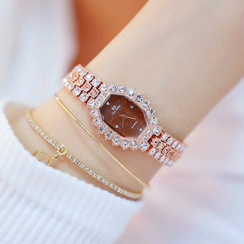 Women Diamond Plated Octagonal Quartz Watch with Rhinestone Bracelet - Silver Shell Blue Diamond 6