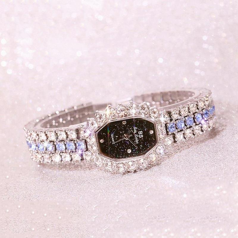 Women Diamond Plated Octagonal Quartz Watch with Rhinestone Bracelet - Silver Shell Blue Diamond 11