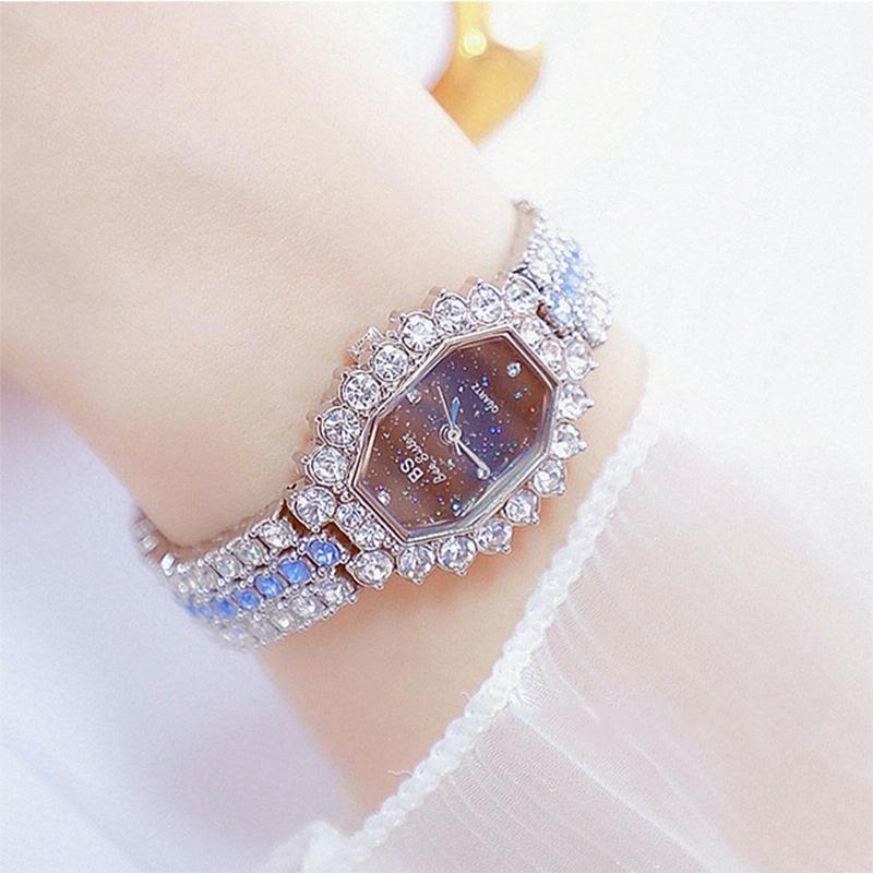 Women Diamond Plated Octagonal Quartz Watch with Rhinestone Bracelet - Silver Shell Blue Diamond 13
