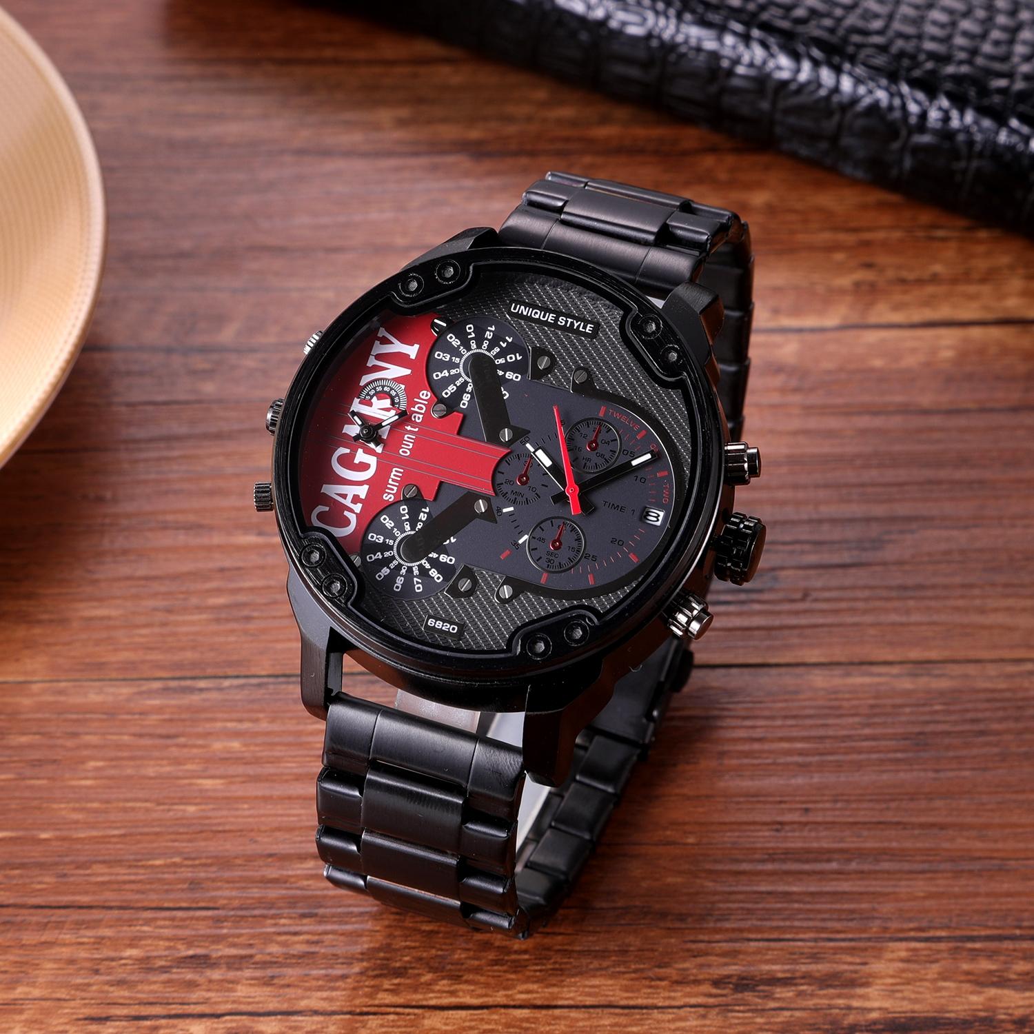 Men Dual Movement Steel Quartz Watch with Red Face and Black Strap 3