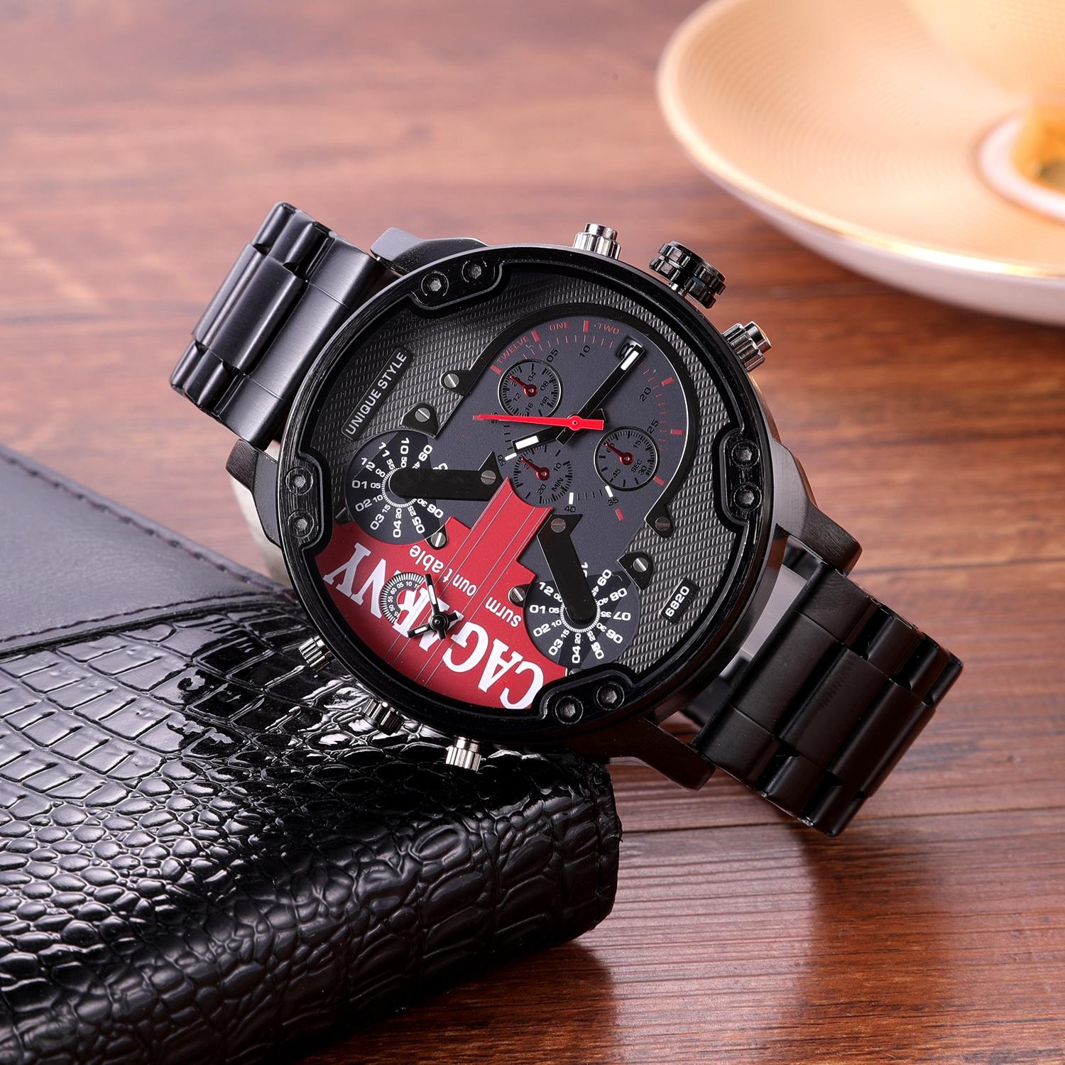 Men Dual Movement Steel Quartz Watch with Red Face and Black Strap 5