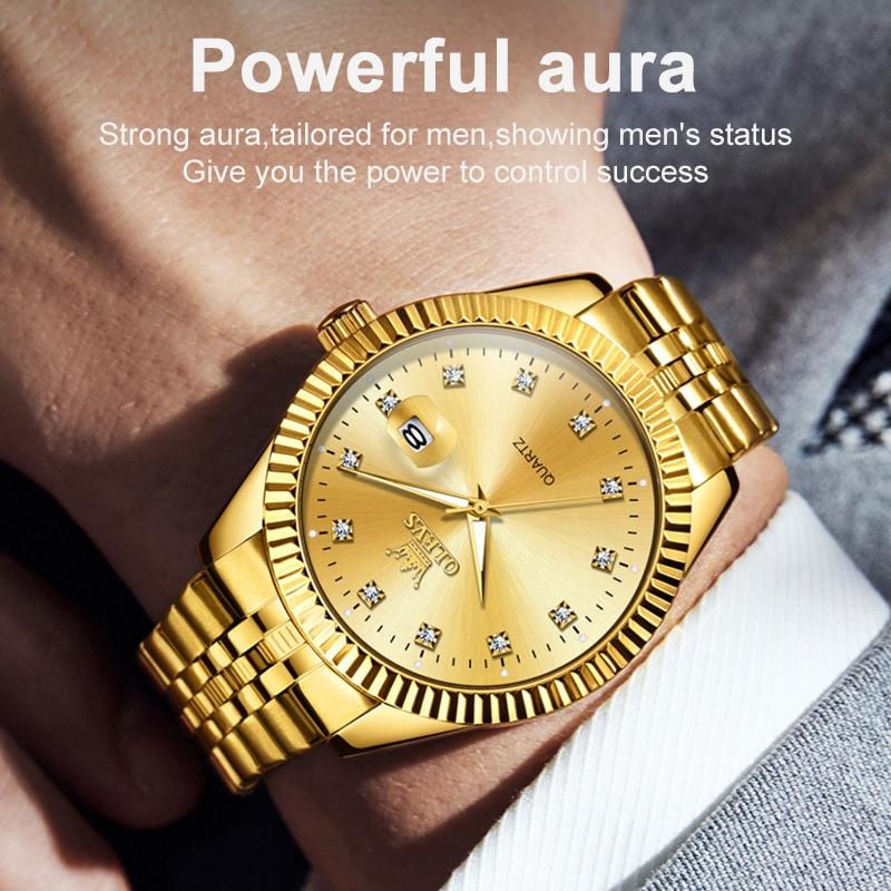 Men Luminous Waterproof Quartz Watch with Diamond Accents - Gold 5
