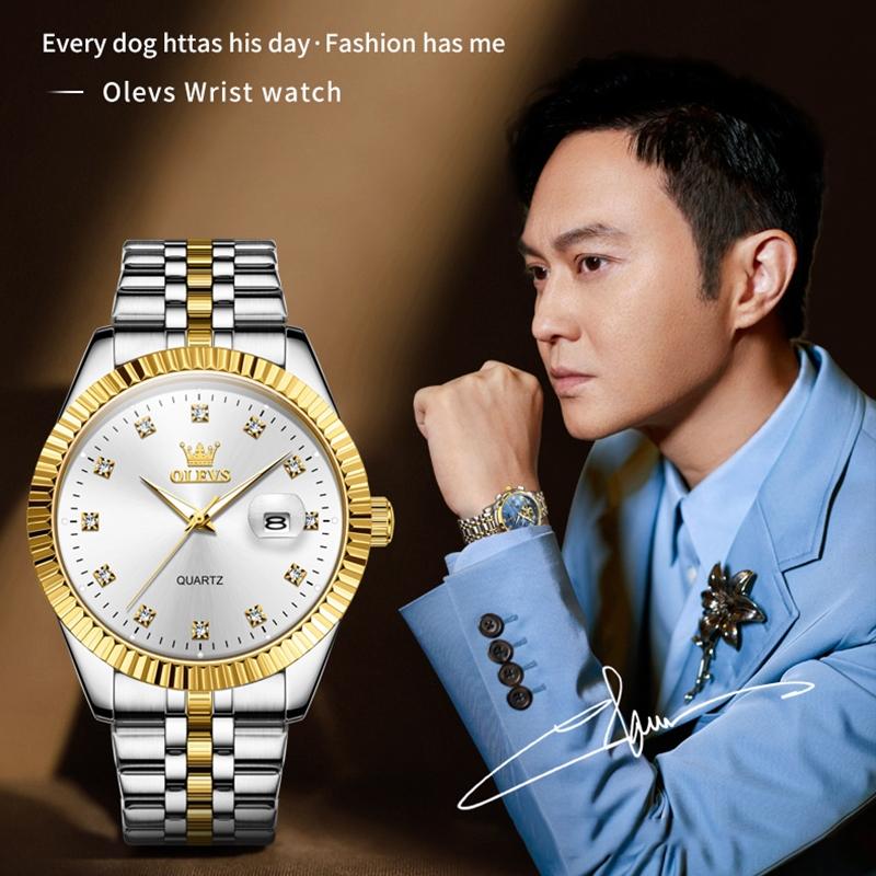 Men Luminous Waterproof Quartz Watch with Diamond Accents - Gold 10