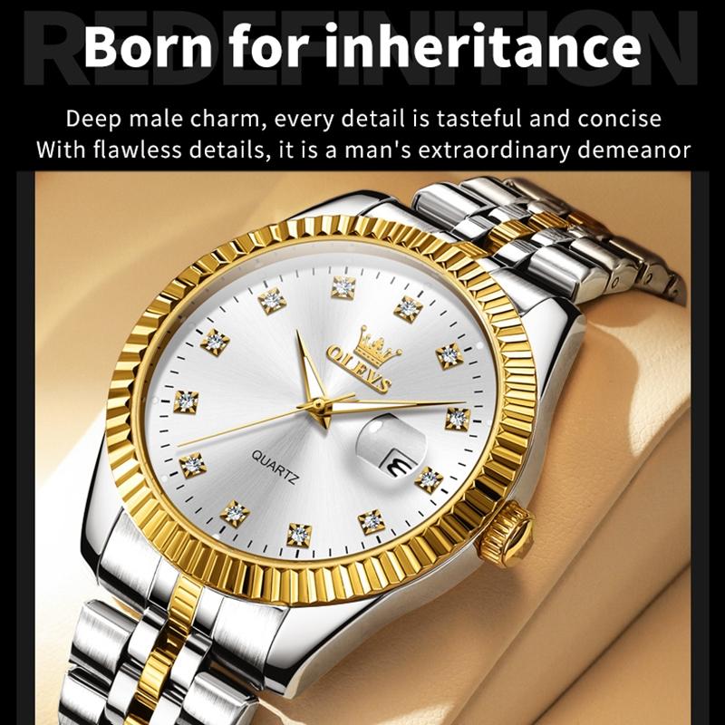 Men Luminous Waterproof Quartz Watch with Diamond Accents - Gold 11