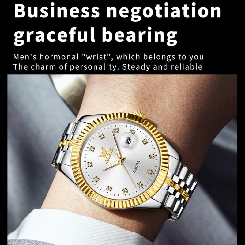 Men Luminous Waterproof Quartz Watch with Diamond Accents - Gold 13