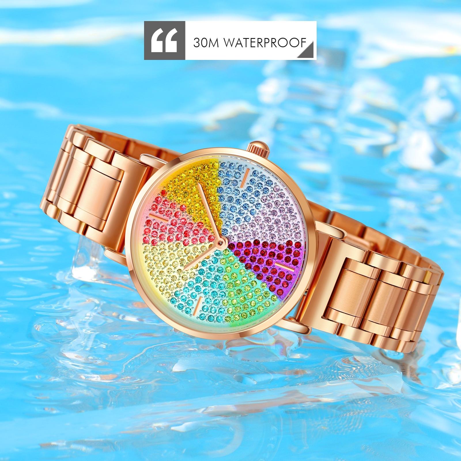 Women Rose Gold Steel Watch with Eight Colour Diamond Dial 5